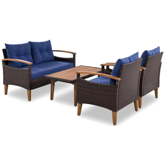 4-Piece Garden Furniture, Patio Seating Set, PE Rattan Outdoor Sofa Set, Wood Table And Legs, Brown And Blue