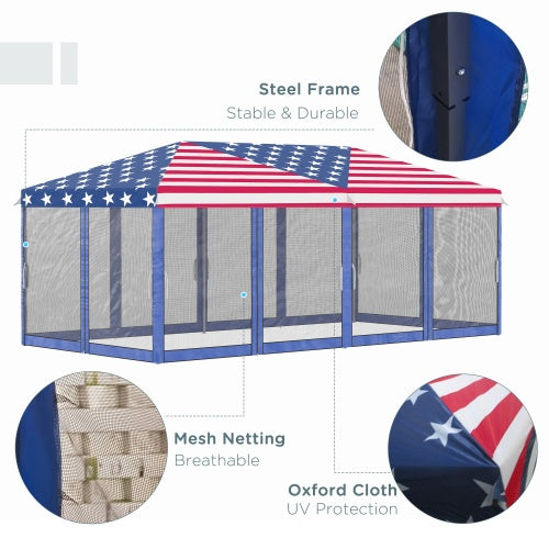 Outsunny 10 X 20 Up Canopy Tent With Netting, Heavy Duty Instant Sun Shelter, Large Tents For Parties With Carry Bag For Outdoor, Garden, Patio, American Flag