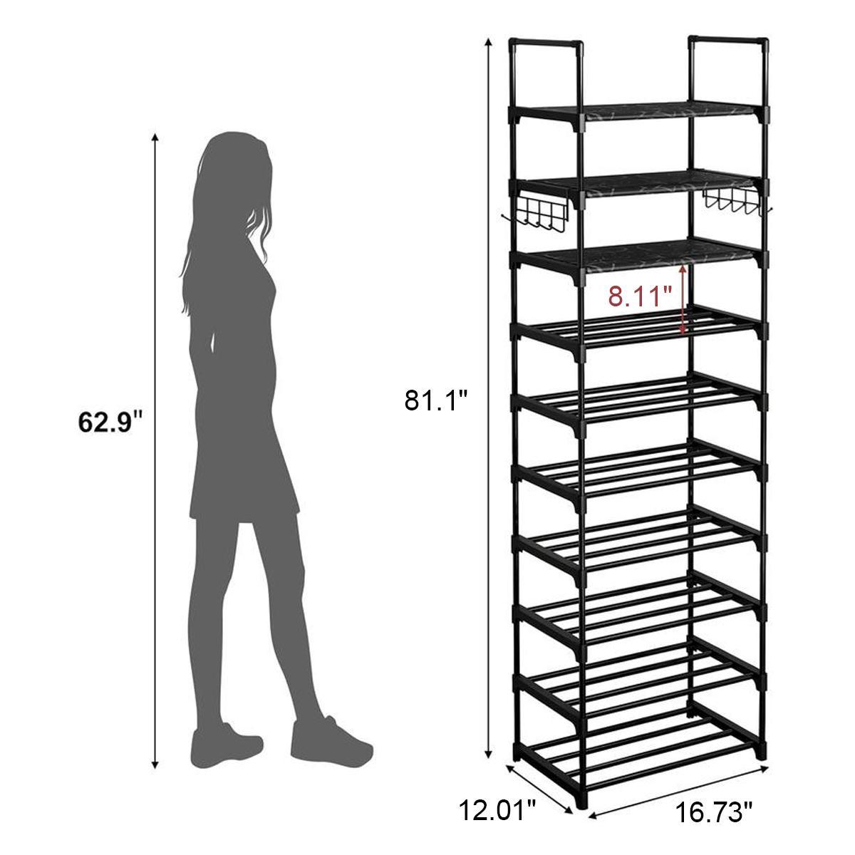 10-story Black Shoe Rack, High Shoe Rack For Entrance Bedroom Hallway, 20-24 Pairs Of Shoes And Boots, Narrow Metal Shoe Rack With Hooks  Gloves Included, 2 Hooks, 3pp Spacers