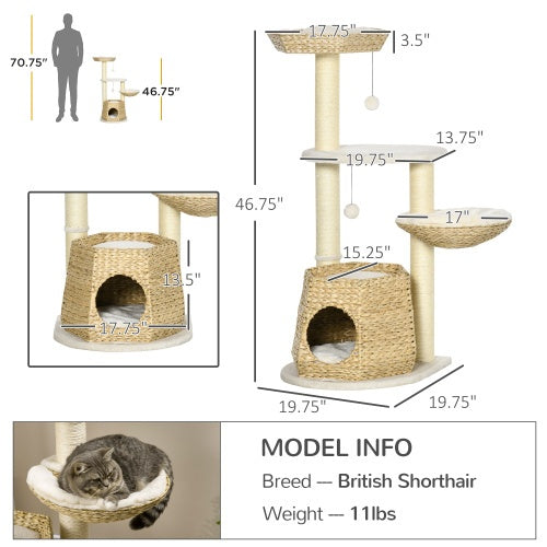 PawHut 47 Cat Tree Kitty Activity Center, Cat Climbing Toy With Cattail Fluff, Bed, Condo, Sisal Scratching Post, And Hanging Ball, Natural