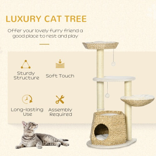 PawHut 47 Cat Tree Kitty Activity Center, Cat Climbing Toy With Cattail Fluff, Bed, Condo, Sisal Scratching Post, And Hanging Ball, Natural