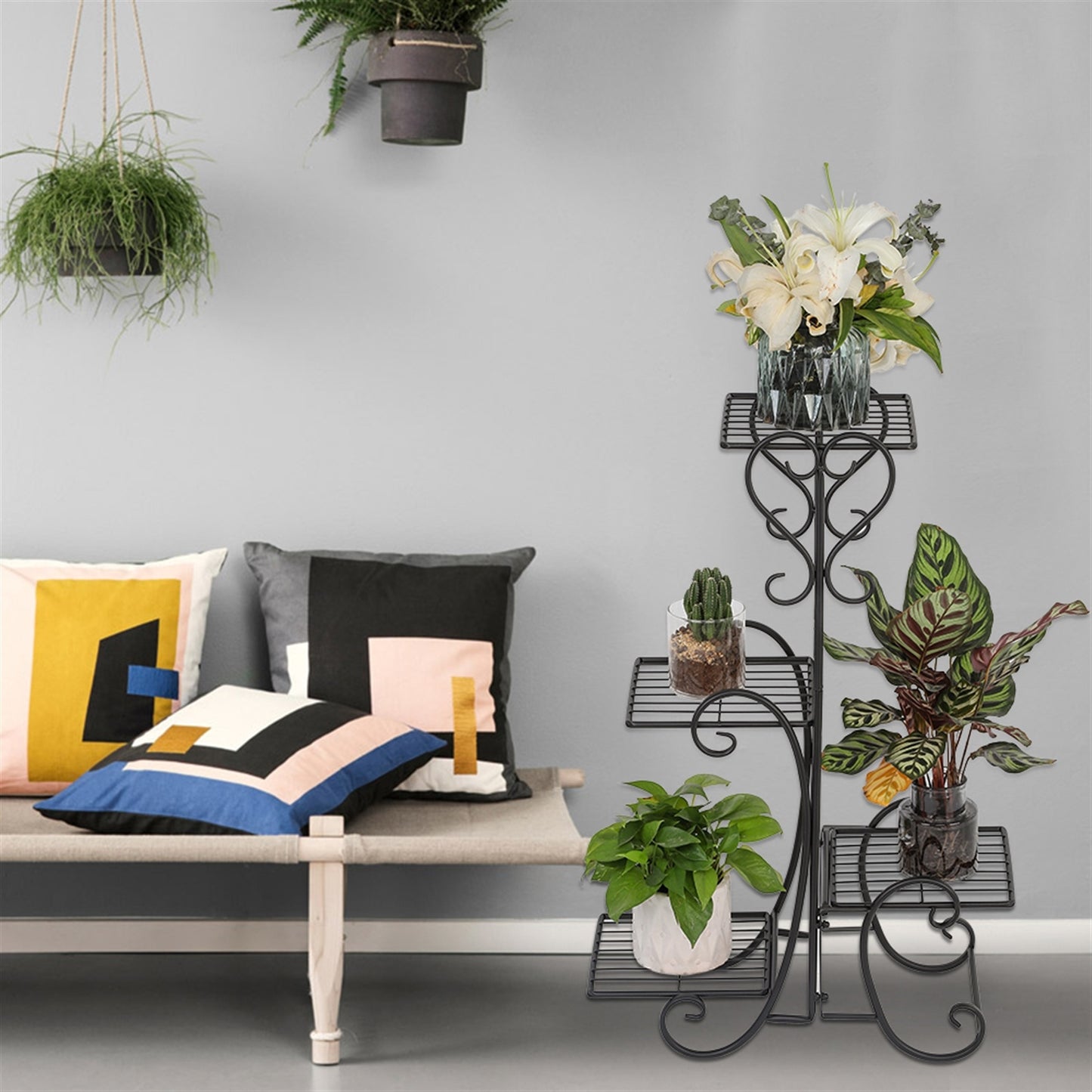 Square Potted Slot, Metal Plant Stand - Black