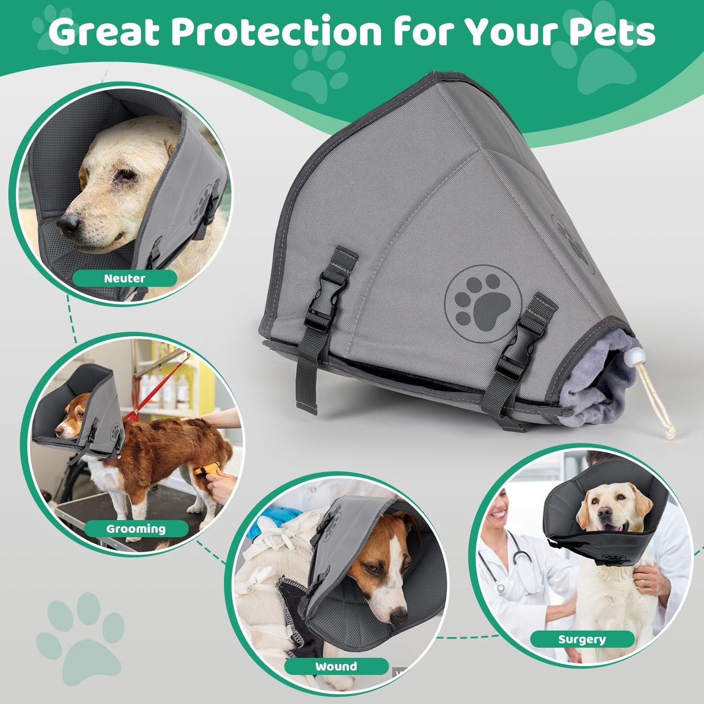 IFurffy Dog Cone For After Surgery,Breathable Soft Dog Cone, Adjustable Drawstring And Buckle Dog Recovery Collar To Stop Licking And Scratching Wound,XL