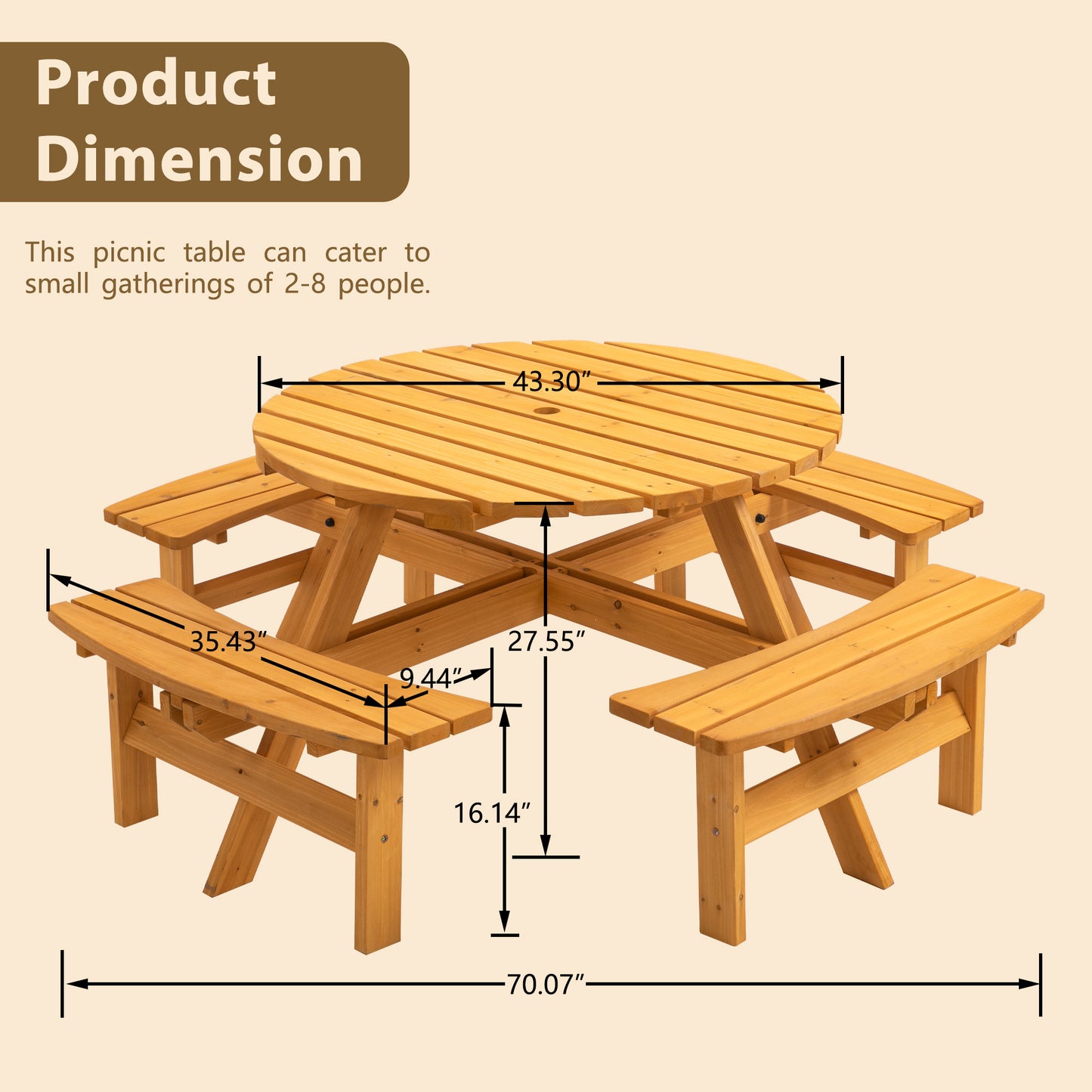 Circular Outdoor Wooden Picnic Table For Patio, Backyard, Garden, DIY