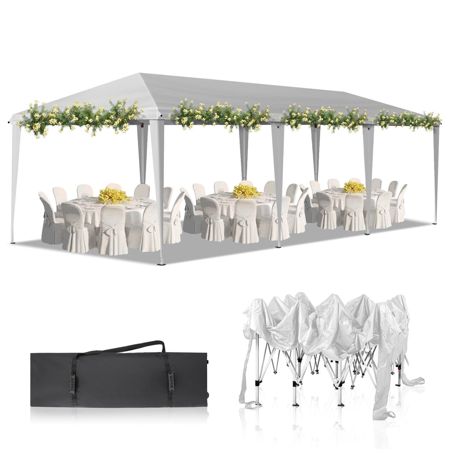 10x30ft White, No Bib, Folding Shed Oxford Cloth White Spray Plastic Frame, With 8 Sandbags, With Tug Bag