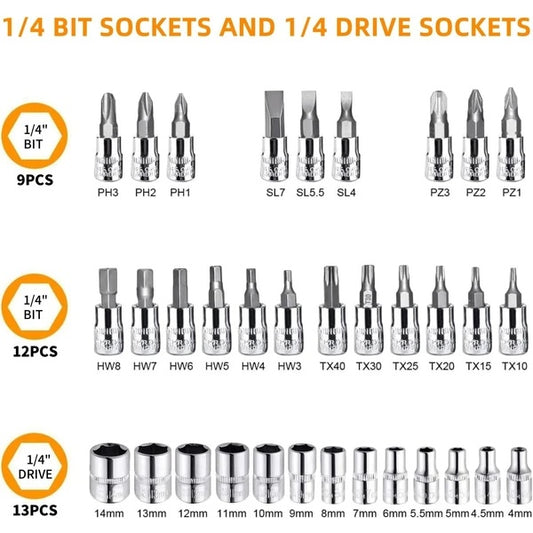 46 Pieces Mechanic Tool Kit Dr. Ratchet Socket Wrench Set With Storage Case, Includes Bit Sockets And Extension Bar