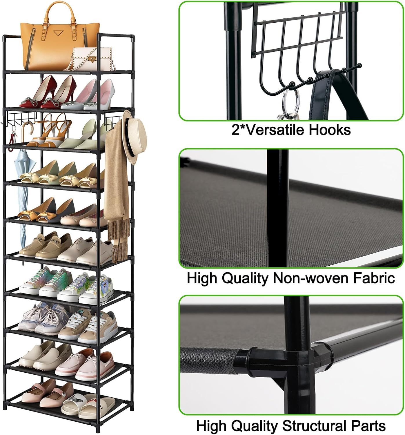 10-story Black Shoe Rack, High Shoe Rack For Entrance Bedroom Hallway, 20-24 Pairs Of Shoes And Boots, Narrow Metal Shoe Rack With Hooks  Gloves Included, 2 Hooks, 3pp Spacers
