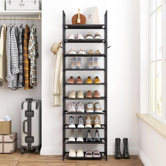 10-story Black Shoe Rack, High Shoe Rack For Entrance Bedroom Hallway, 20-24 Pairs Of Shoes And Boots, Narrow Metal Shoe Rack With Hooks  Gloves Included, 2 Hooks, 3pp Spacers