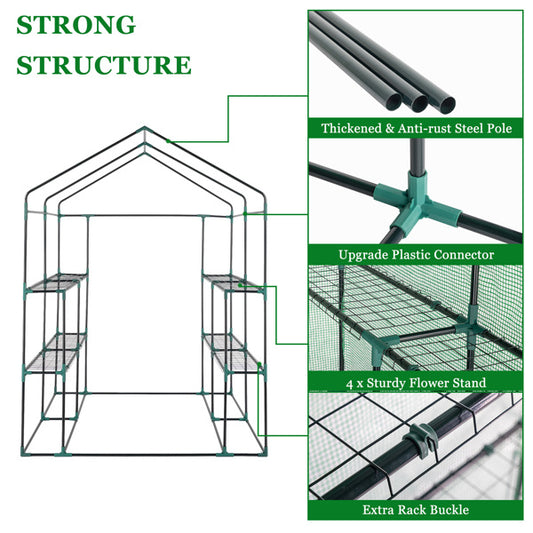 143x143x195cm PE Fabric Flower Room, Black Iron Pipe, Pointed Top, With 8 Mesh Flower Racks, Zipper Roll Door