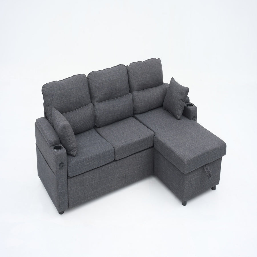 Convertible Sleeper Sofa 2 In 1, L-Shaped Couches For Living Room, Pull Out Sectional Futon Sofa Bed With Storage Space, USB Ports And Cup Holders