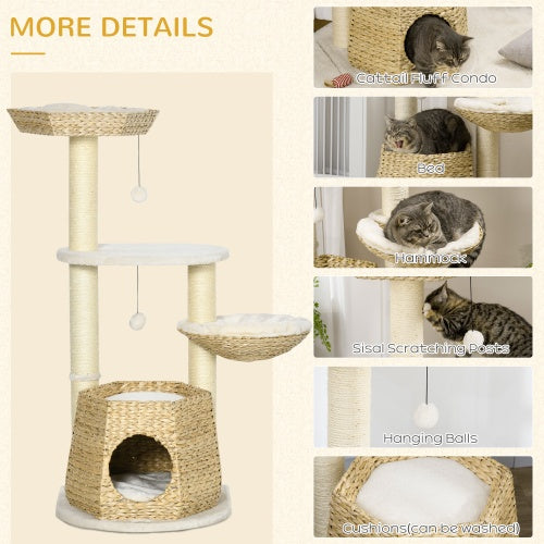 PawHut 47 Cat Tree Kitty Activity Center, Cat Climbing Toy With Cattail Fluff, Bed, Condo, Sisal Scratching Post, And Hanging Ball, Natural