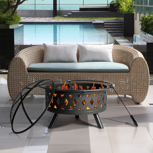 32in Round Shape With Lifting Ring, Mesh Lid, Diamond Holes, Wood-burning Brazier, Wrought Iron, Black