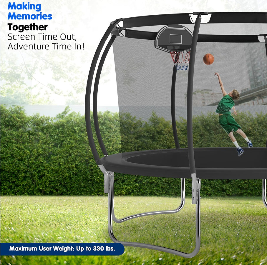 12 FT TRAMPOLINE BLACK PUMPKIN-STYLE SAFETY NET WITH BASKETBALL HOOP