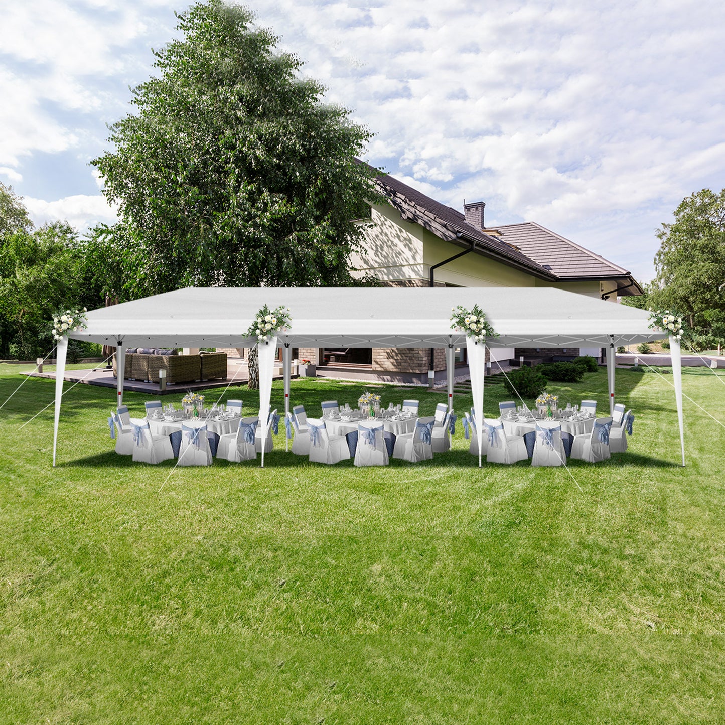 10x30ft White, No Bib, Folding Shed Oxford Cloth White Spray Plastic Frame, With 8 Sandbags, With Tug Bag