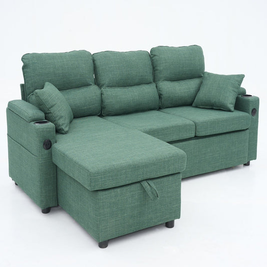 Convertible Sleeper Sofa 2 In 1, L-Shaped Couches For Living Room, Pull Out Sectional Futon Sofa Bed With Storage Space, USB Ports And Cup Holders