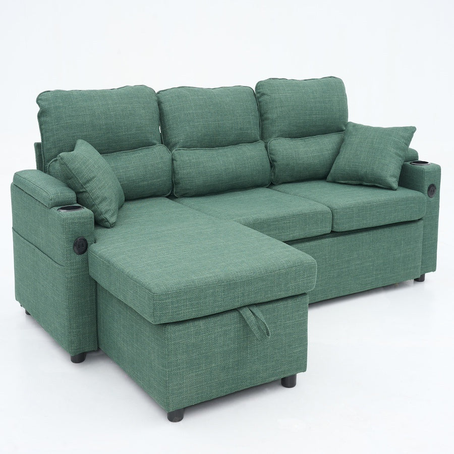 Convertible Sleeper Sofa 2 In 1, L-Shaped Couches For Living Room, Pull Out Sectional Futon Sofa Bed With Storage Space, USB Ports And Cup Holders