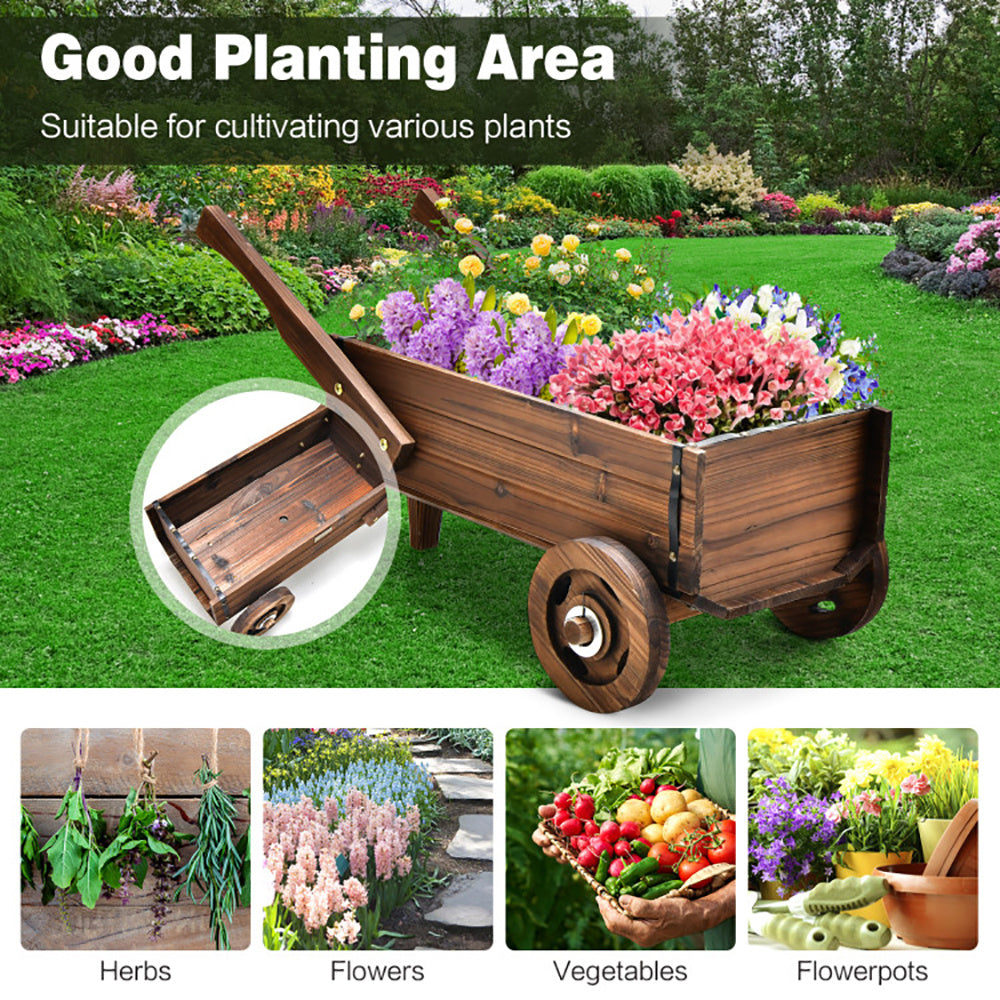Wooden Wagon Planter Box With Wheels Handles And Drainage Hole