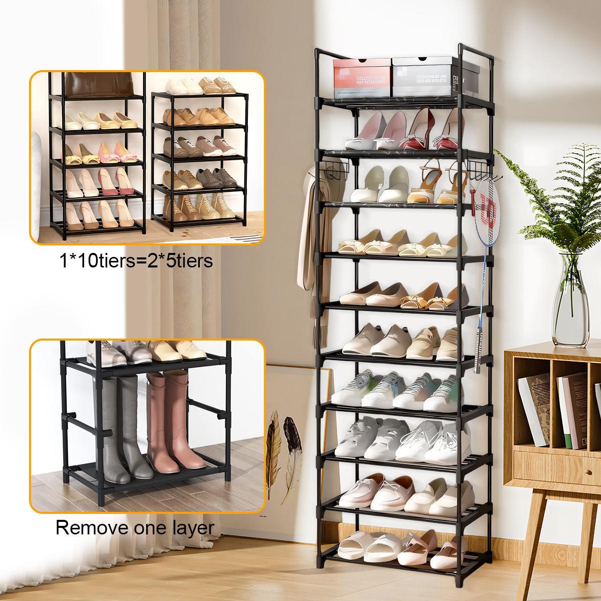 10-story Black Shoe Rack, High Shoe Rack For Entrance Bedroom Hallway, 20-24 Pairs Of Shoes And Boots, Narrow Metal Shoe Rack With Hooks  Gloves Included, 2 Hooks, 3pp Spacers