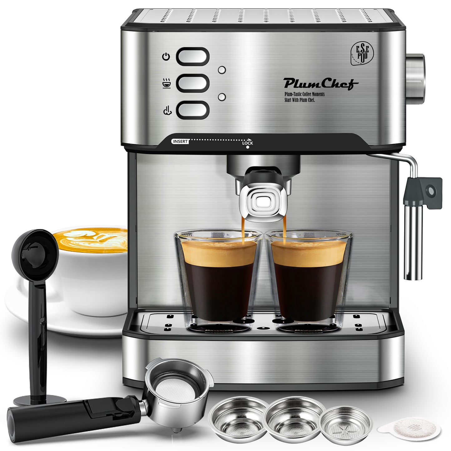 20 Bar Professional Espresso Machine With Milk Frother, Single & Double Shot, ESE Pod Compatible, Visual Display Of Pressure, Removable Water Tank For Cappuccino, Latte, Machiato For Home Barista