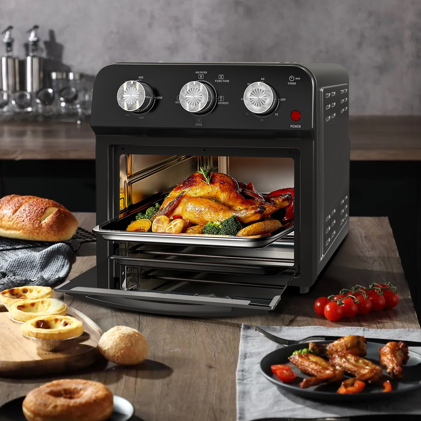 12.5 Qt Air Fryer With Advanced Multi-Function Cooking Grill, Air Fry, Defrost, Bake, Presets For French Fries, Pizza, Chicken, Fish, And Toast, Dual Knob Control